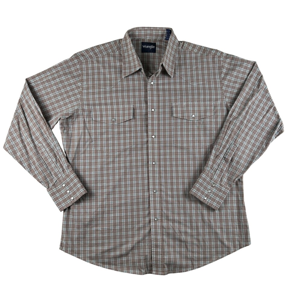 Wrangler Shirt Mens XL Brown Plaid Long Sleeve Western Snap Pockets Stretch
